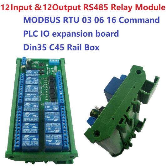 12ch Digital Input Output UART RS485 Relay Module Modbus RTU DIN35 C45 Rail Box for PLC PTZ LED Motor Machine control